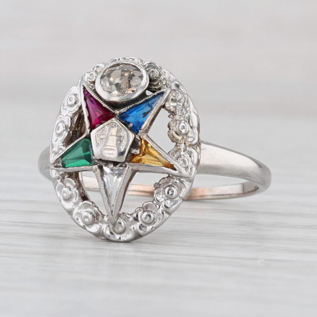 Order Eastern Star Ring 14k Gold Diamond Lab Created Gemstone OES Masonic