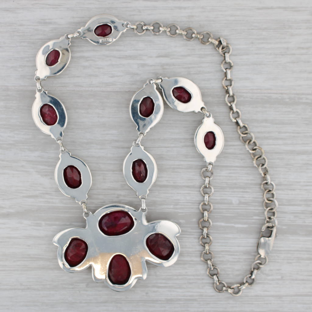 Gray Red Stone Corundum Bib Statement Necklace Sterling Silver 18.5" Southwestern