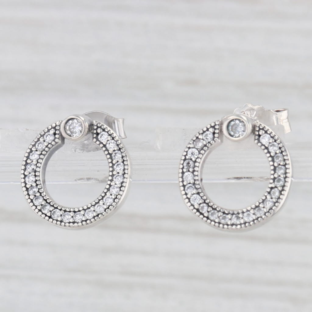 Light Gray Pandora Pave & Logo Reversible Circle Stud Earrings Sterling Silver CZ 299486C01