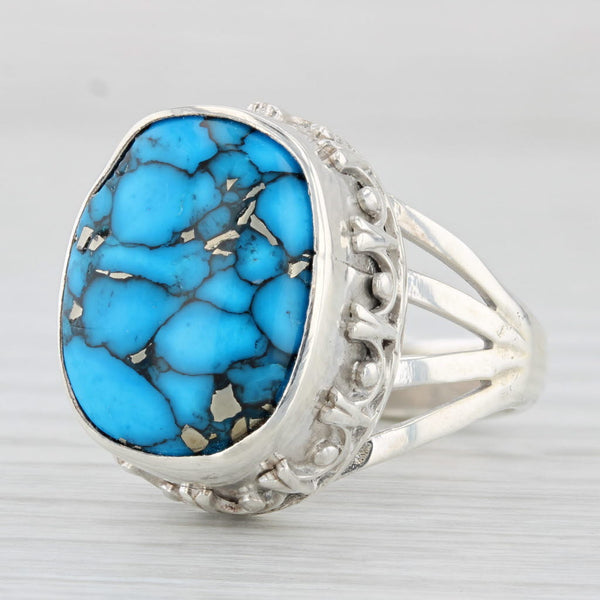 Marbled Simulated Turquoise Statement Ring Sterling Silver Size 8