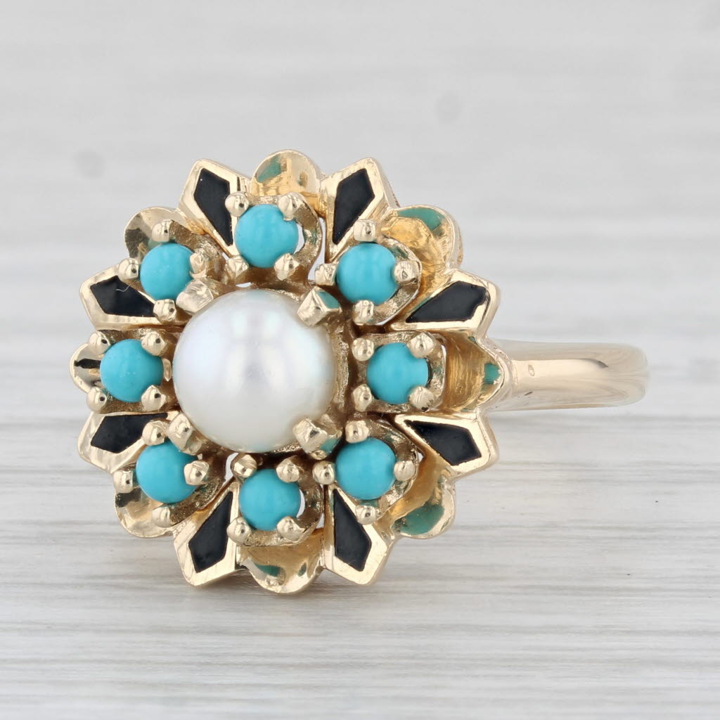 Light Gray Vintage Cultured Pearl Turquoise Cluster Flower Ring 14k Yellow Gold Size 6.75