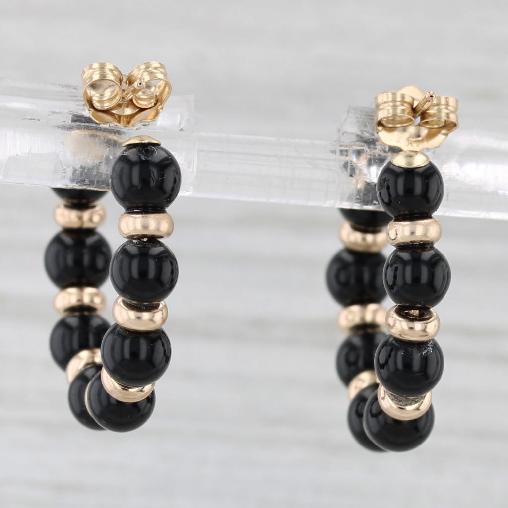 Light Gray Onyx Bead Hoop Earrings 14k Yellow Gold Round Hoops