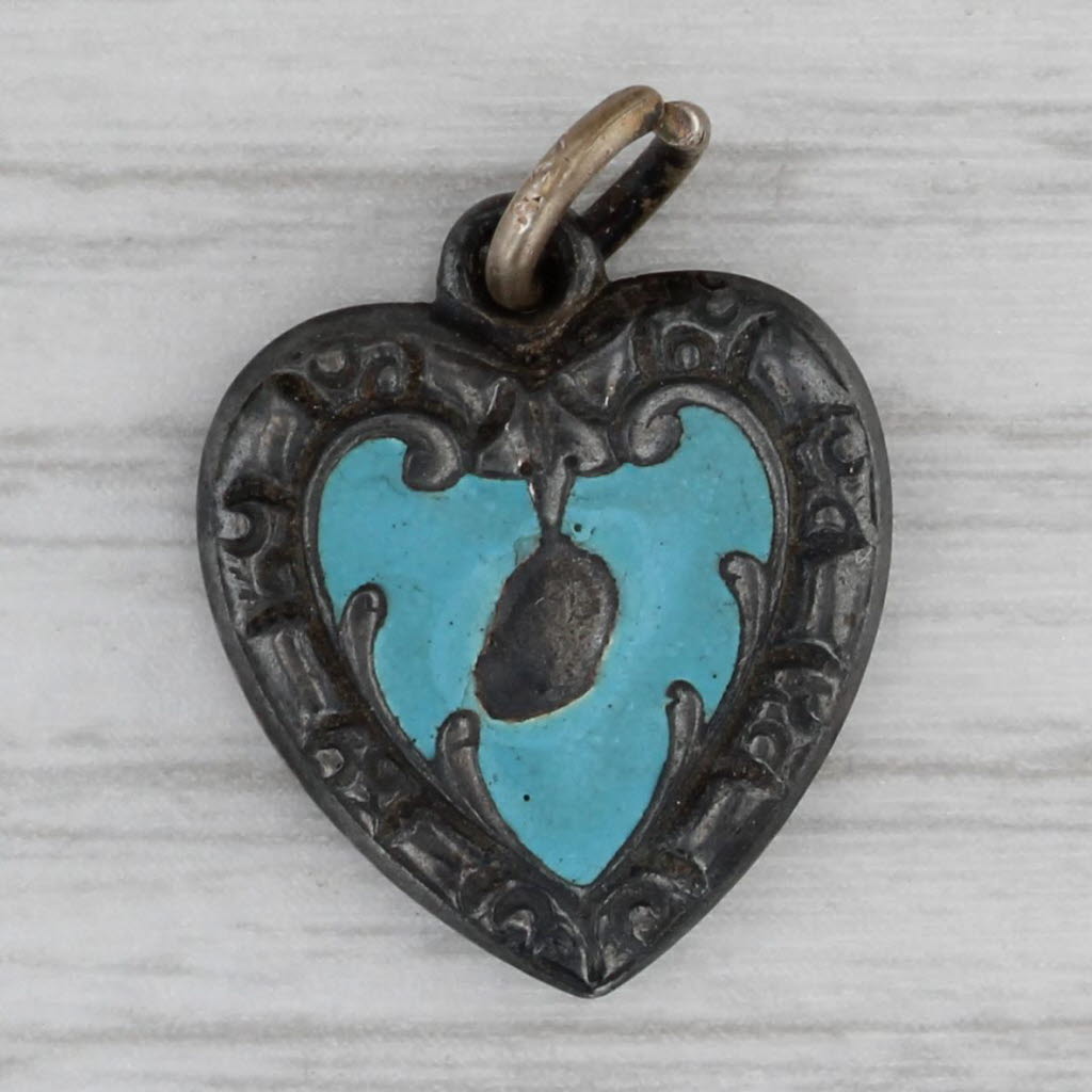 Gray Vintage Puffy Heart Charm Silver Enamel Ornate Pendant