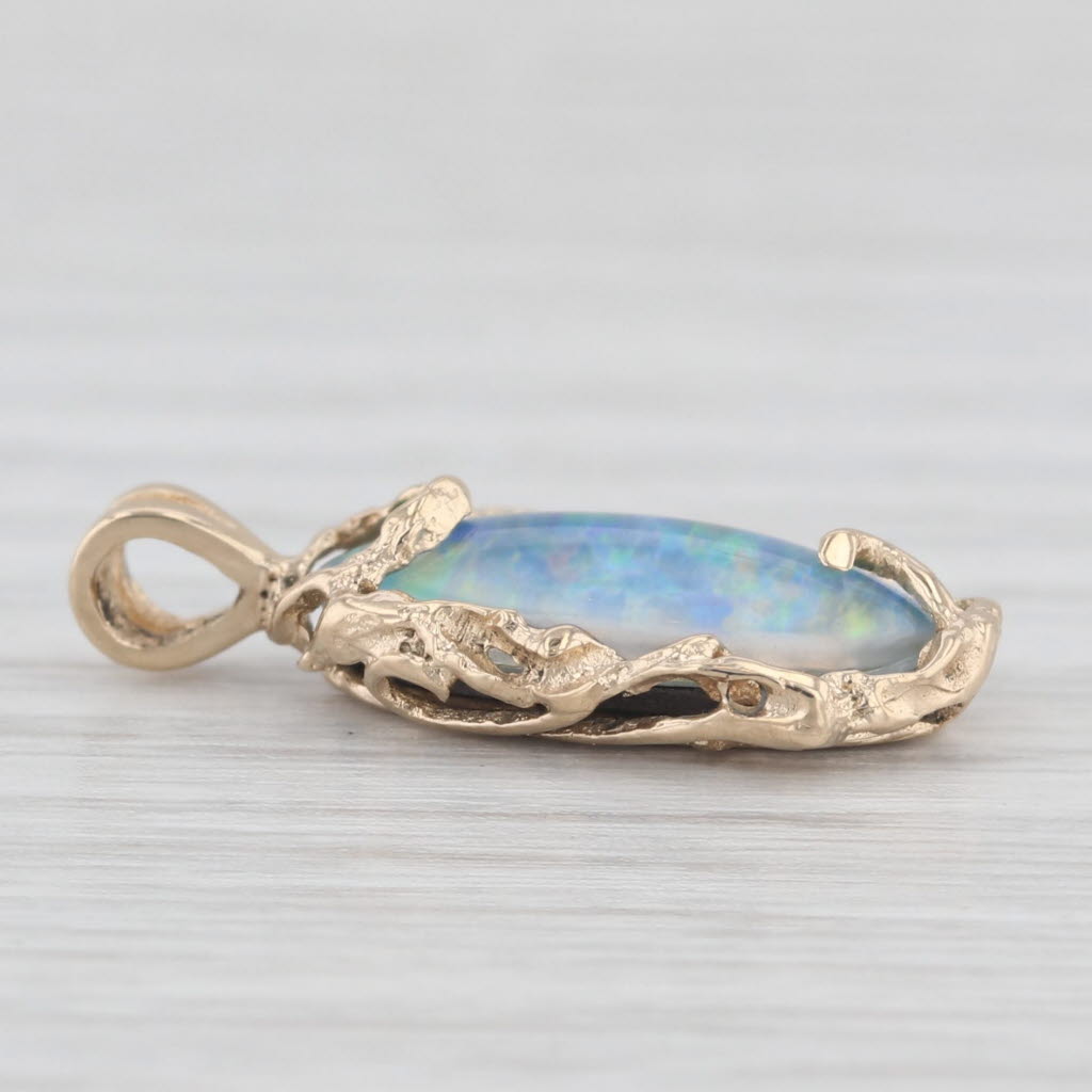 Light Gray Blue Green Opal Pendant 14k Yellow Gold Abstract Gothic Frame