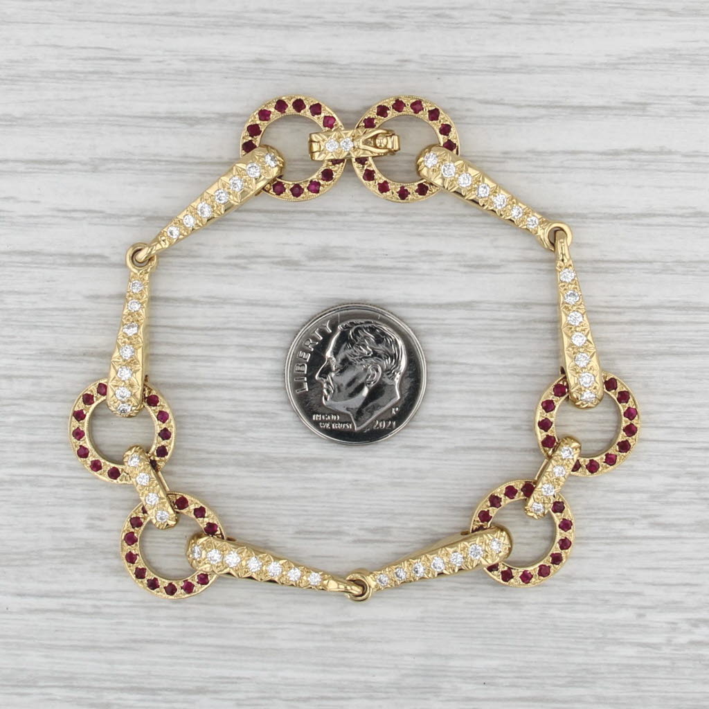 4ctw Ruby Diamond Bar & Circle Links Bracelet 18k Yellow Gold 7"