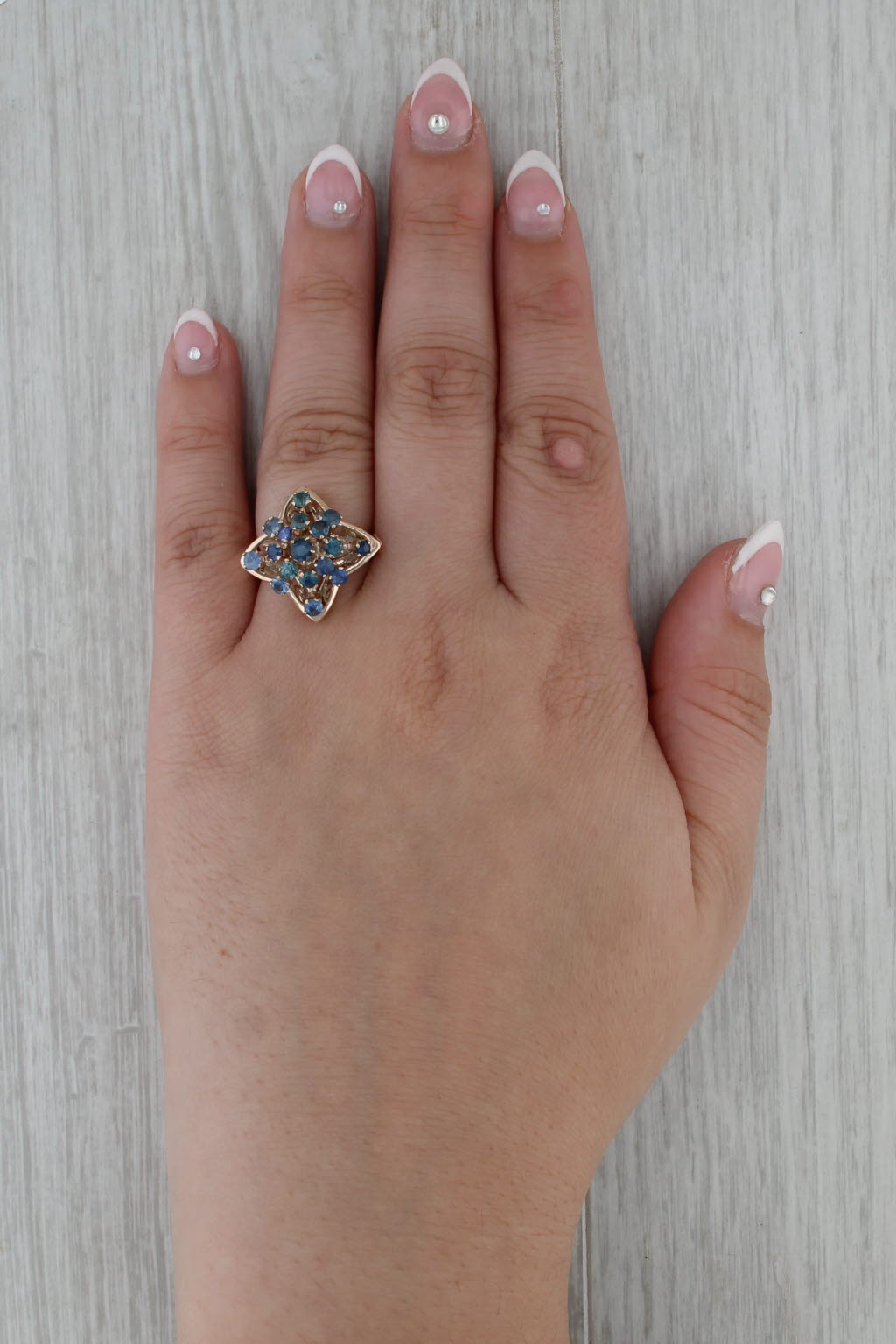 Vintage 2.15ctw Blue Sapphire Cluster Ring 14k Gold Size 6.5 Flower Cluster