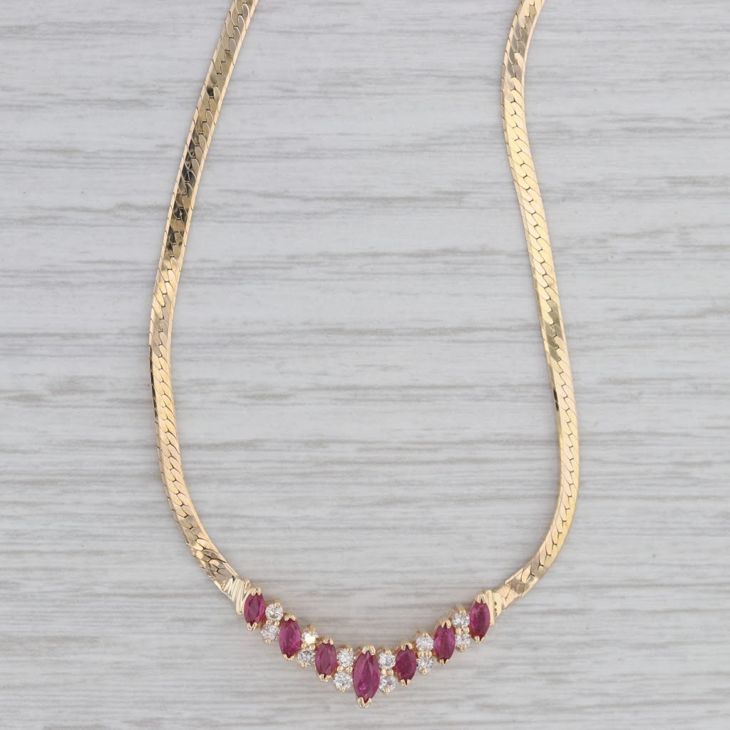 Gray 1.14ctw Diamond Ruby V Necklace 14k Yellow Gold 15.5" Herringbone Chain