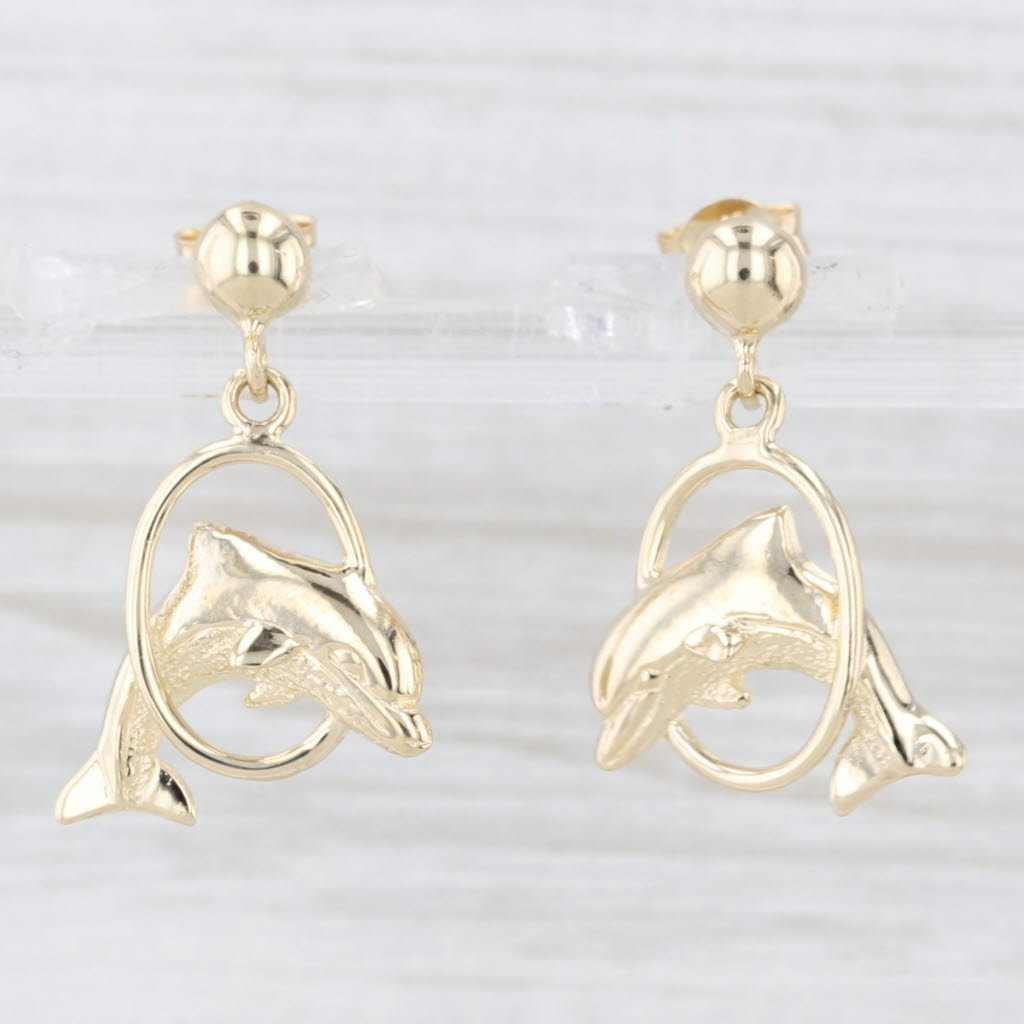 Light Gray Dolphin Jumping Through Hoop Dangle Earrings 14k Yellow Gold Pierced Drops