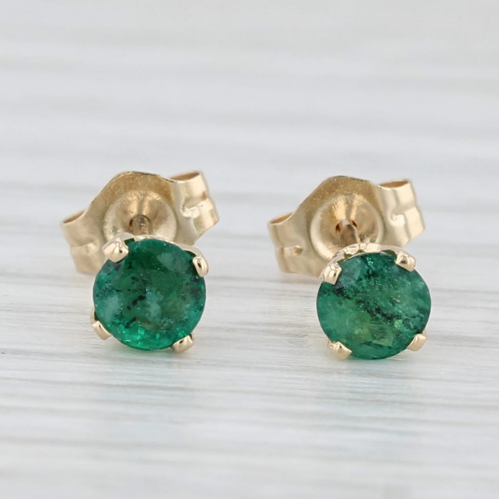 Light Gray 0.40ctw Emerald Round Solitaire Stud Earrings 14k Yellow Gold