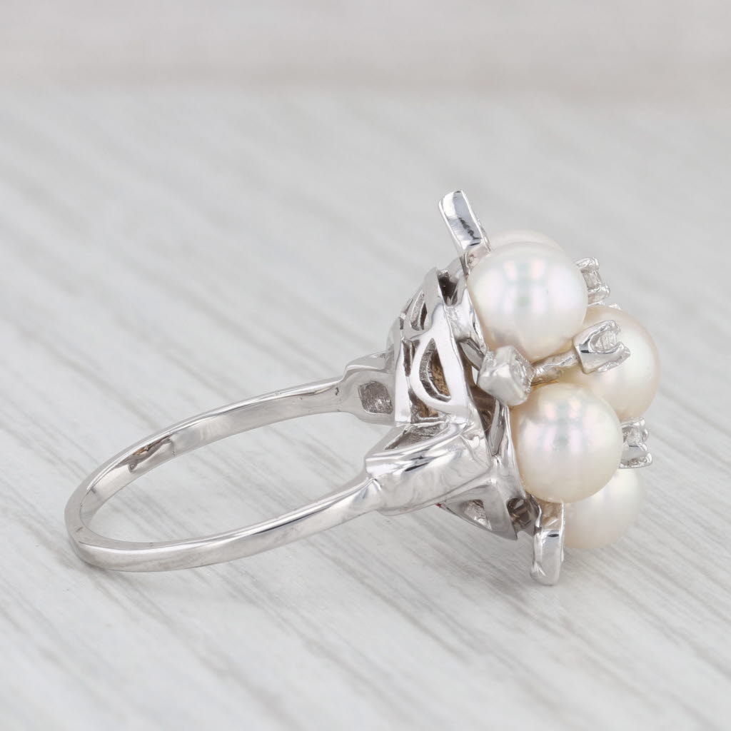 Light Gray Vintage Cultured Pearl Diamond Cluster Ring 14k White Gold Size 7.25 Cocktail