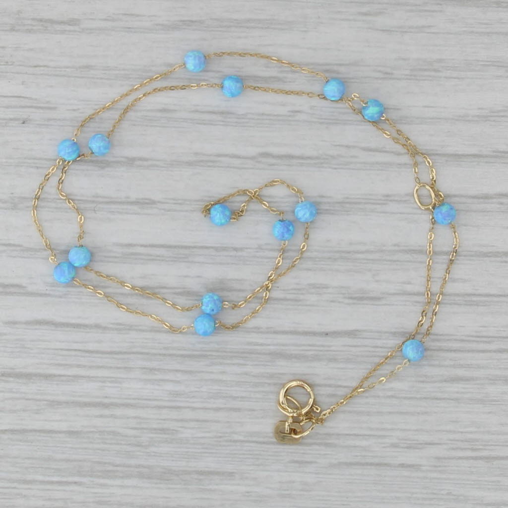 New Lab Created Blue Opal Station Necklace 14k Yellow Gold 14" 16" Cable Chain