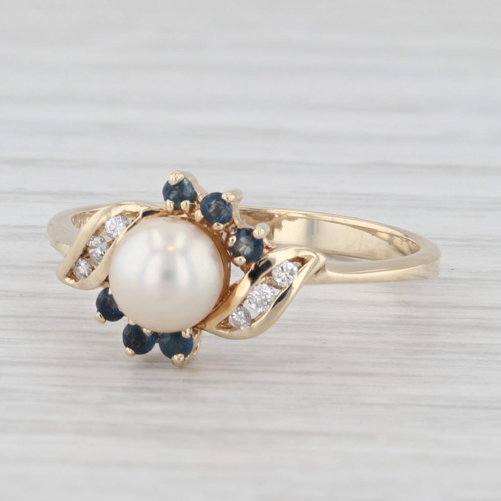 Light Gray 0.14ctw Cultured Pearl Blue Sapphire Diamond Ring 10k Yellow Gold Size 6.25