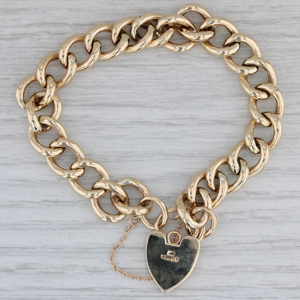 Gray Heart Padlock Charm Curb Chain Bracelet 9k Yellow Gold 7.5"