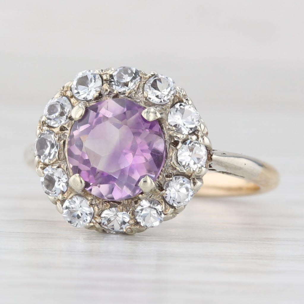 Vintage 1.15ct Amethyst Glass Halo Ring 9k White Yellow Gold Size 5.5