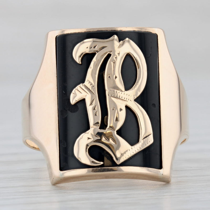 Light Gray Antique Onyx Old English Initial "B" Signet Ring 10k Yellow Gold Size 12