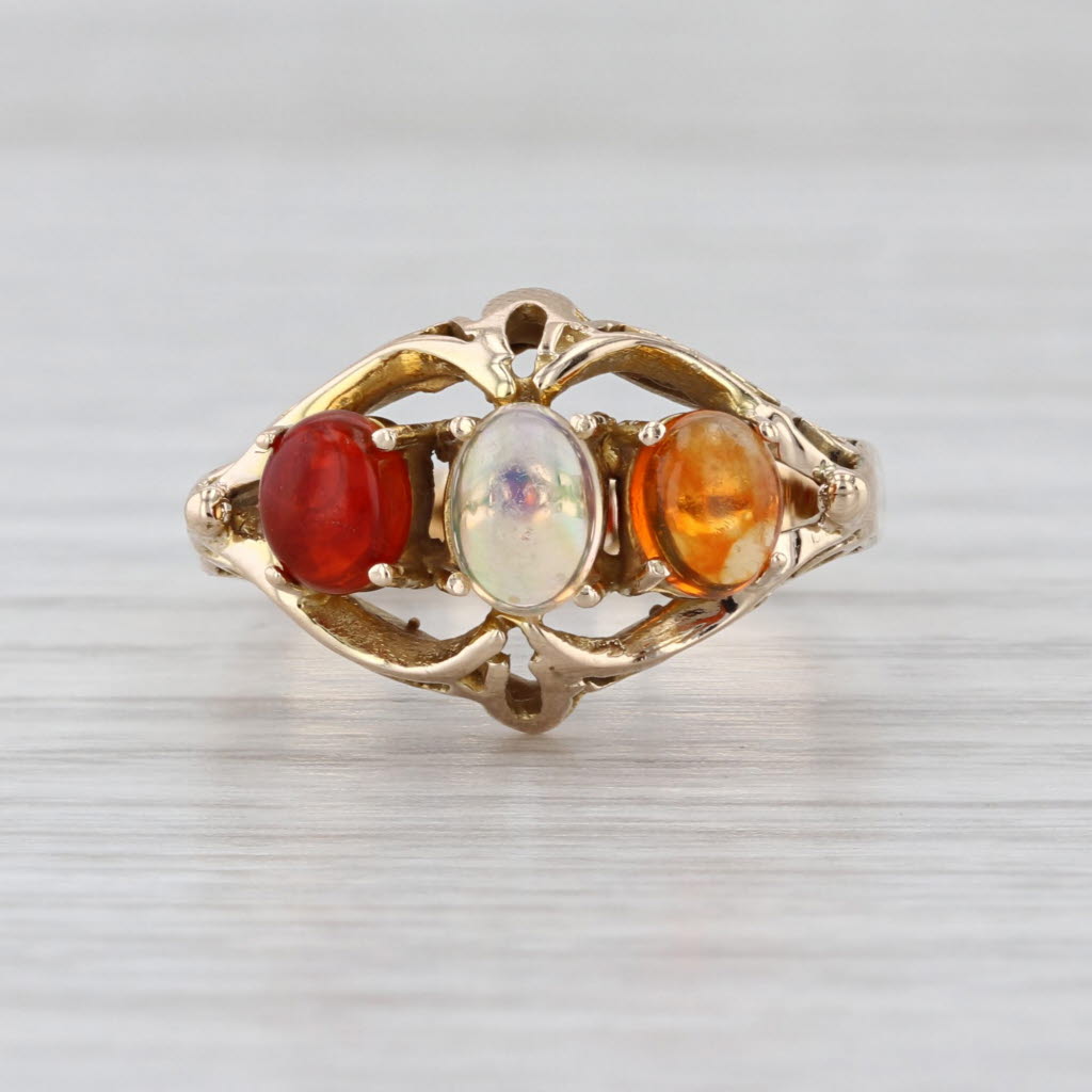 3-Stone Opal Ring 14k Yellow Gold Vintage Style Ornate Openwork Size 6.75