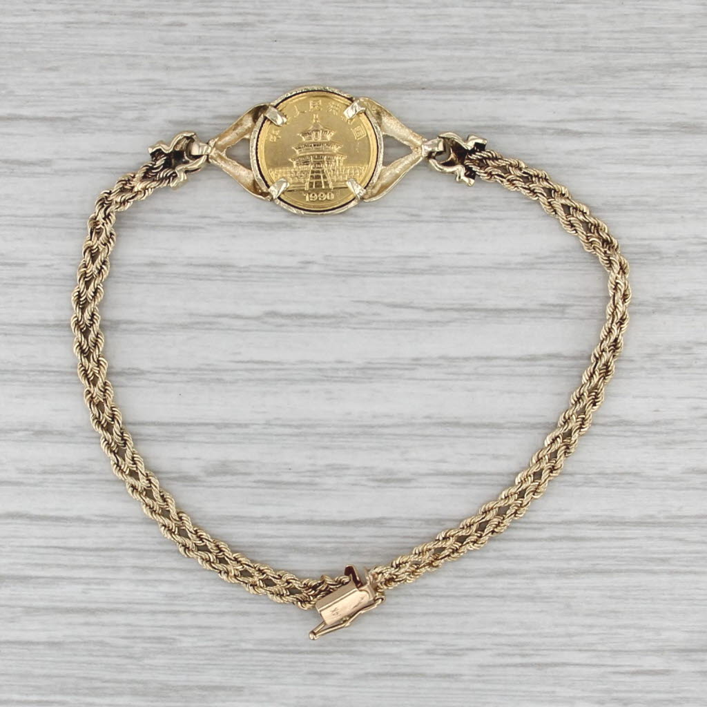 1990 1/20oz Chinese Panda Coin Bracelet 14k 24k 999 Gold 7.25" Rope Chain