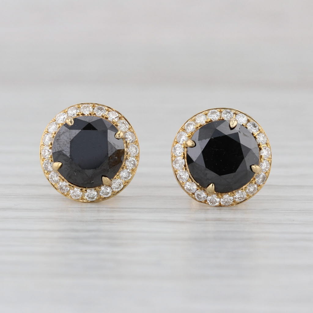 3.55ctw Black White Diamond Halo Stud Earrings 18k Yellow Gold Round Studs