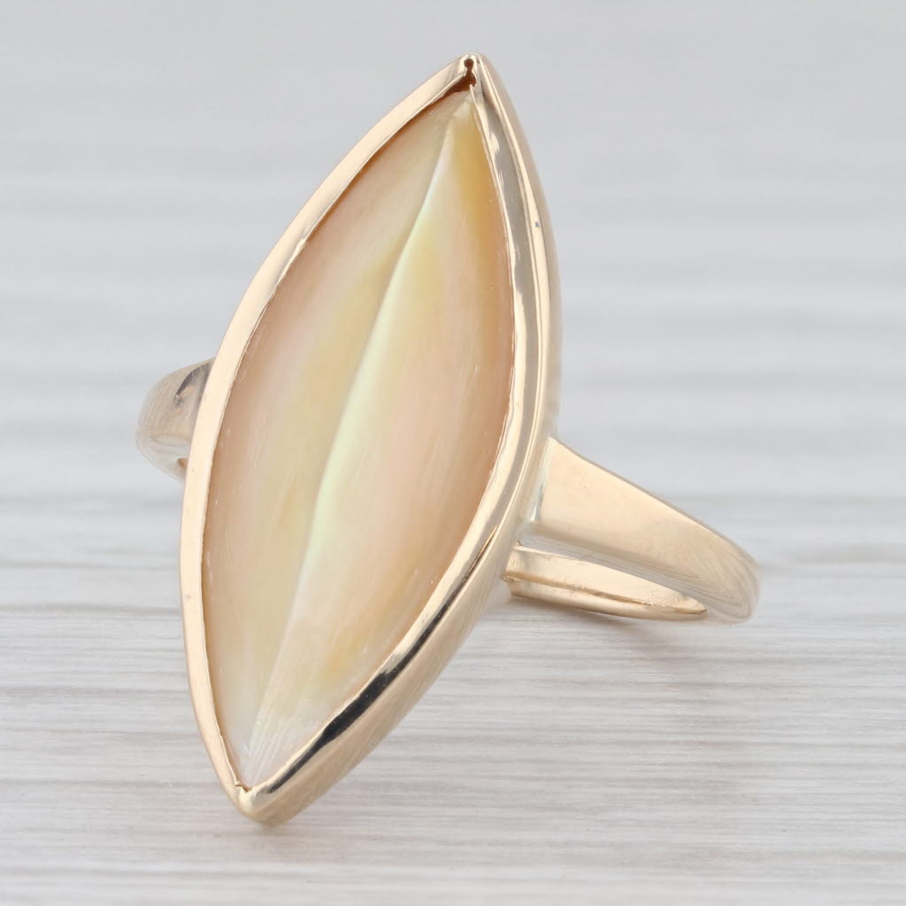 Light Gray Cellini Mother of Pearl Navette Ring 14k Yellow Gold Size 5.5 Cabochon Solitaire