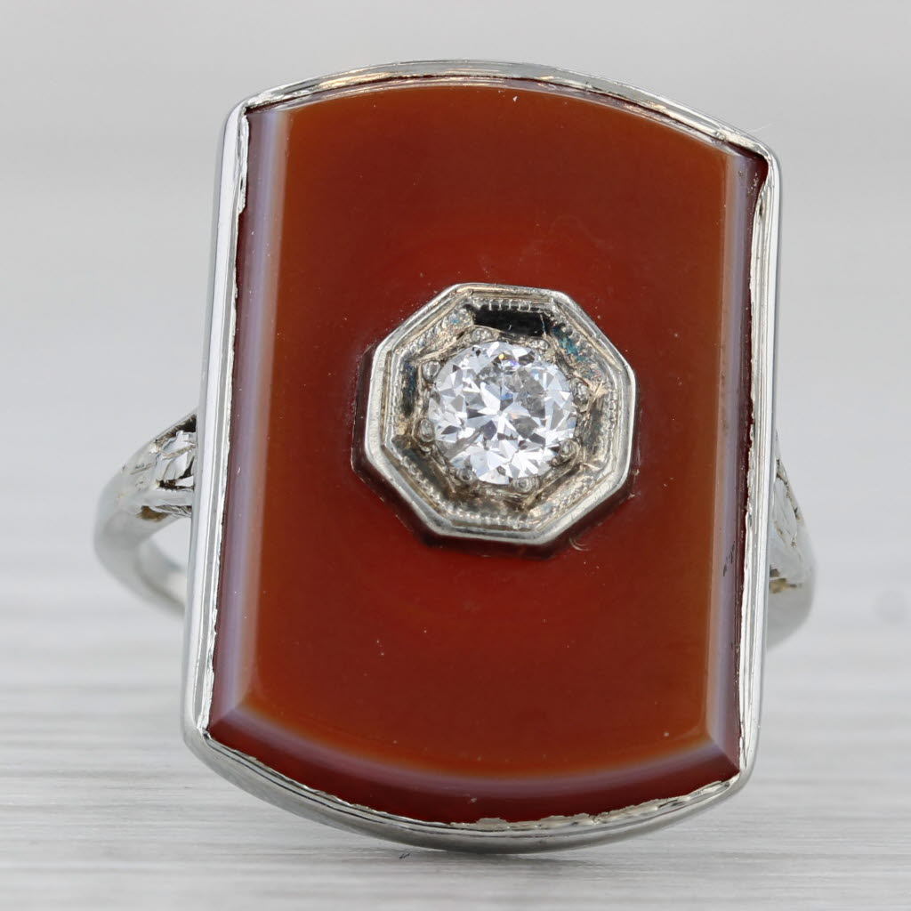 Saddle Brown Vintage Sardonyx Diamond Signet Ring 14k White Gold Size 6