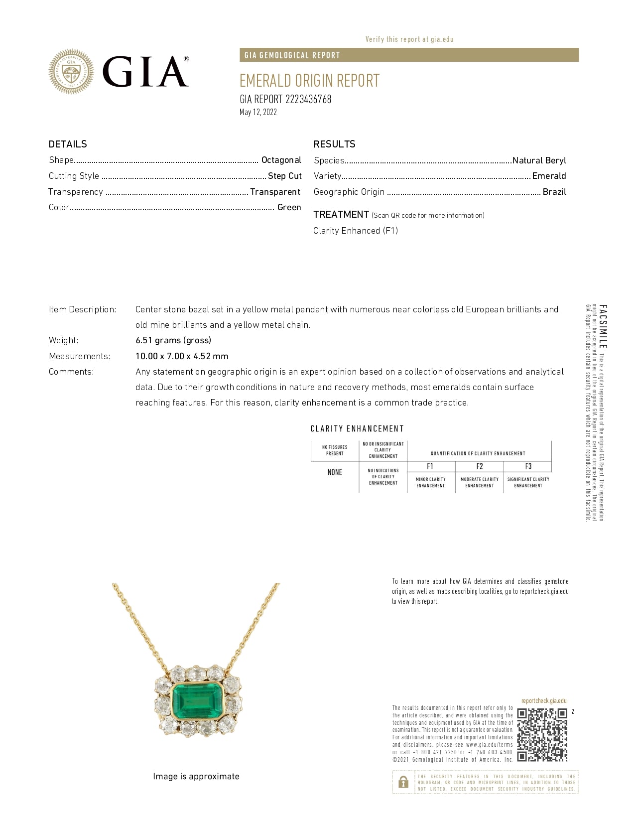 Light Gray 4.25ctw Antique GIA F1 Emerald Mine Diamond Halo Pendant Necklace 18k Gold 17.5"