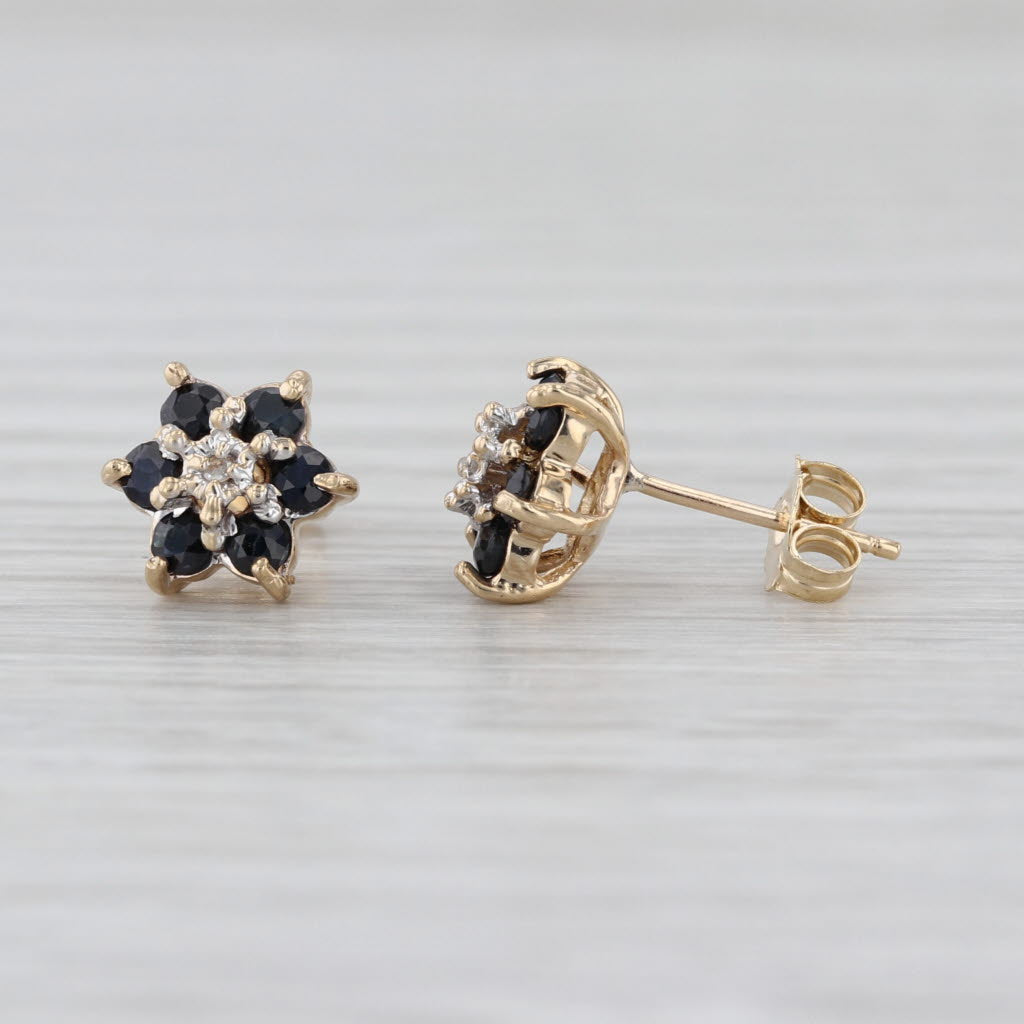 0.66ctw Blue Sapphire Diamond Flower Stud Earrings 10k Yellow Gold Studs