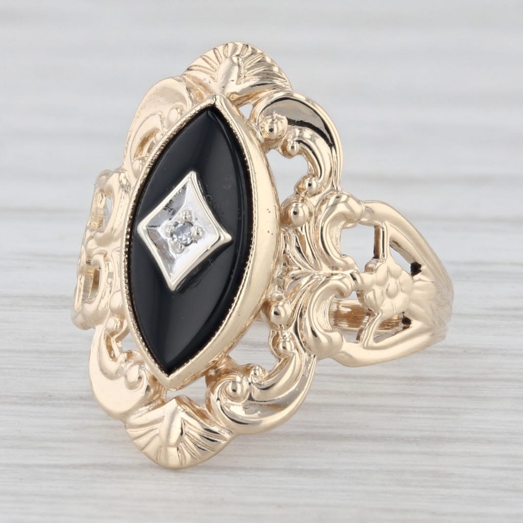 Light Gray Vintage Black Onyx Diamond 10K Yellow Gold Size 4.5 Ring Ornate Floral Openwork