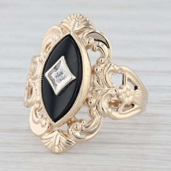 Vintage Black Onyx Diamond 10K Yellow Gold Size 4.5 Ring Ornate Floral Openwork