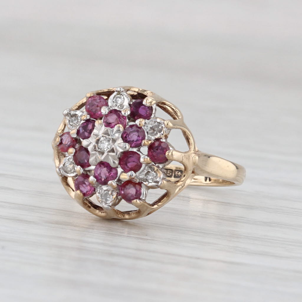 Vintage 0.64ctw Ruby Diamond Cluster Flower Ring 9k Yellow Gold Size 6.5