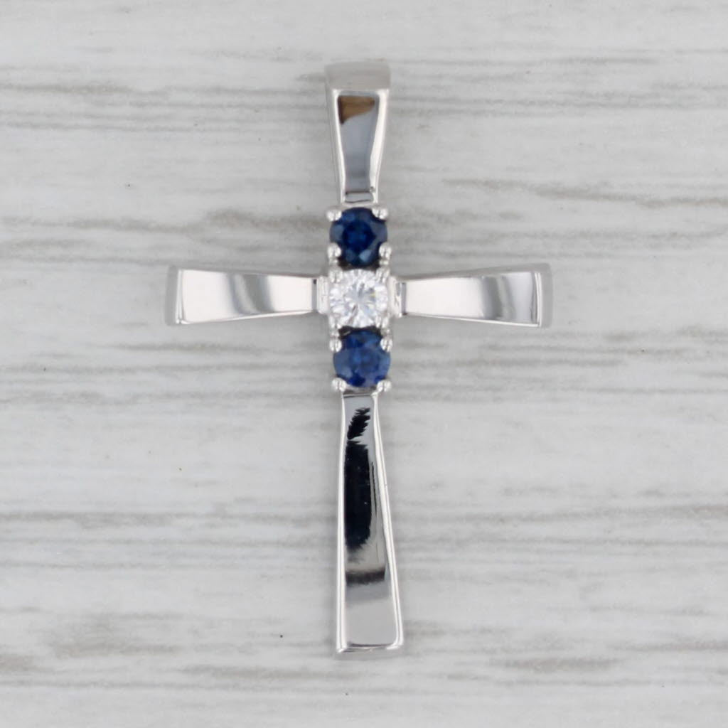 Gray 0.21ctw Blue Sapphire Diamond Cross Pendant 14k White Gold