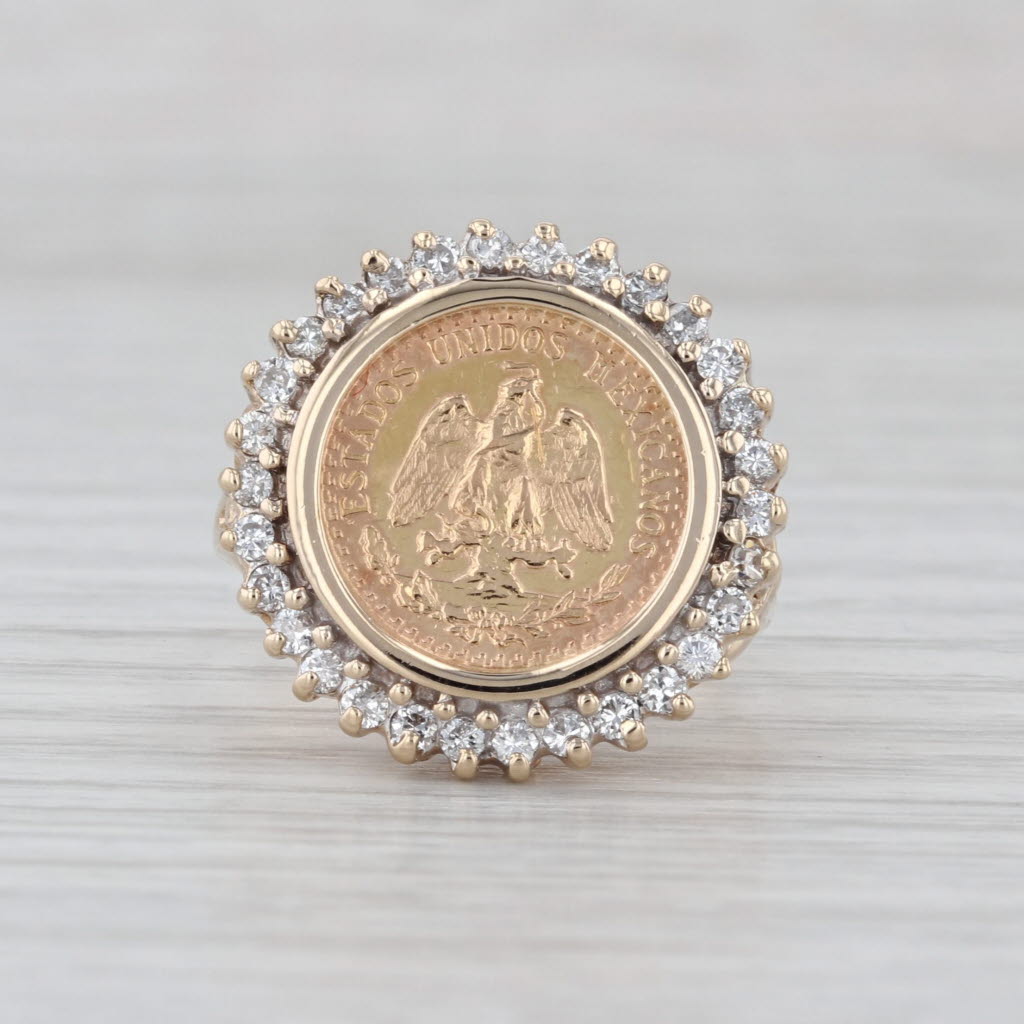 Diamond Bezel 1945 Dos Pesos Mexican Coin Ring 14k 900 Yellow Gold Size 7.75