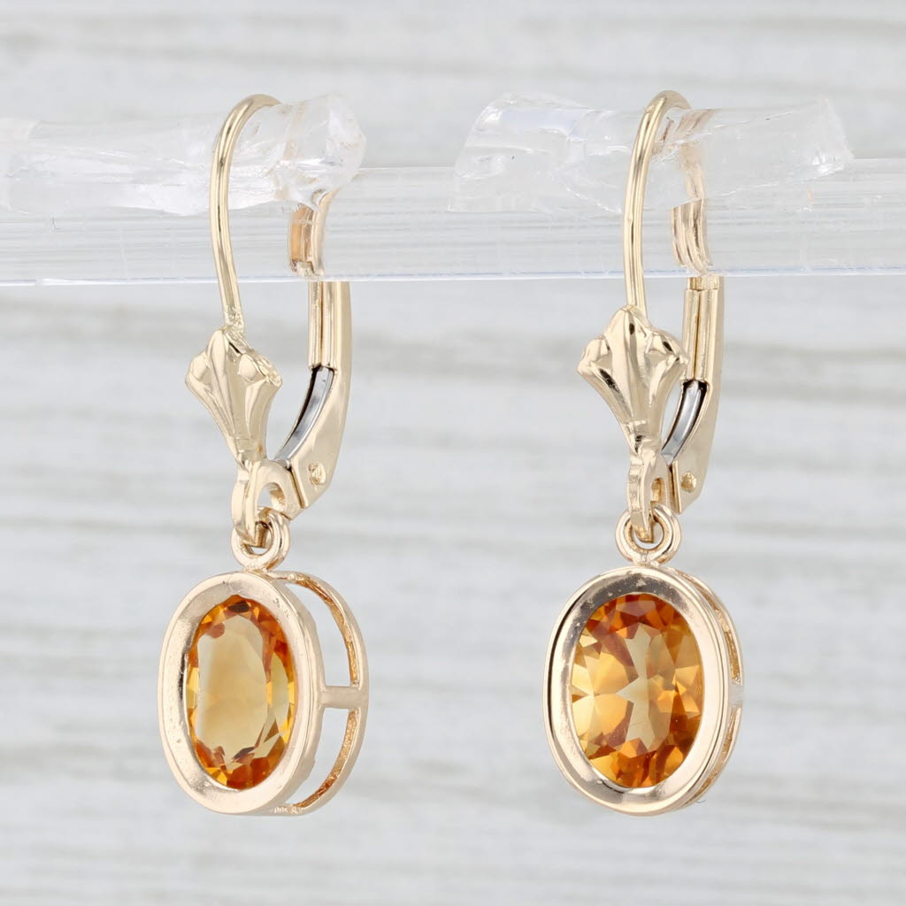 Light Gray 1.40ctw Oval Citrine Dangle Earrings 14k Yellow Gold Drops Lever Backs