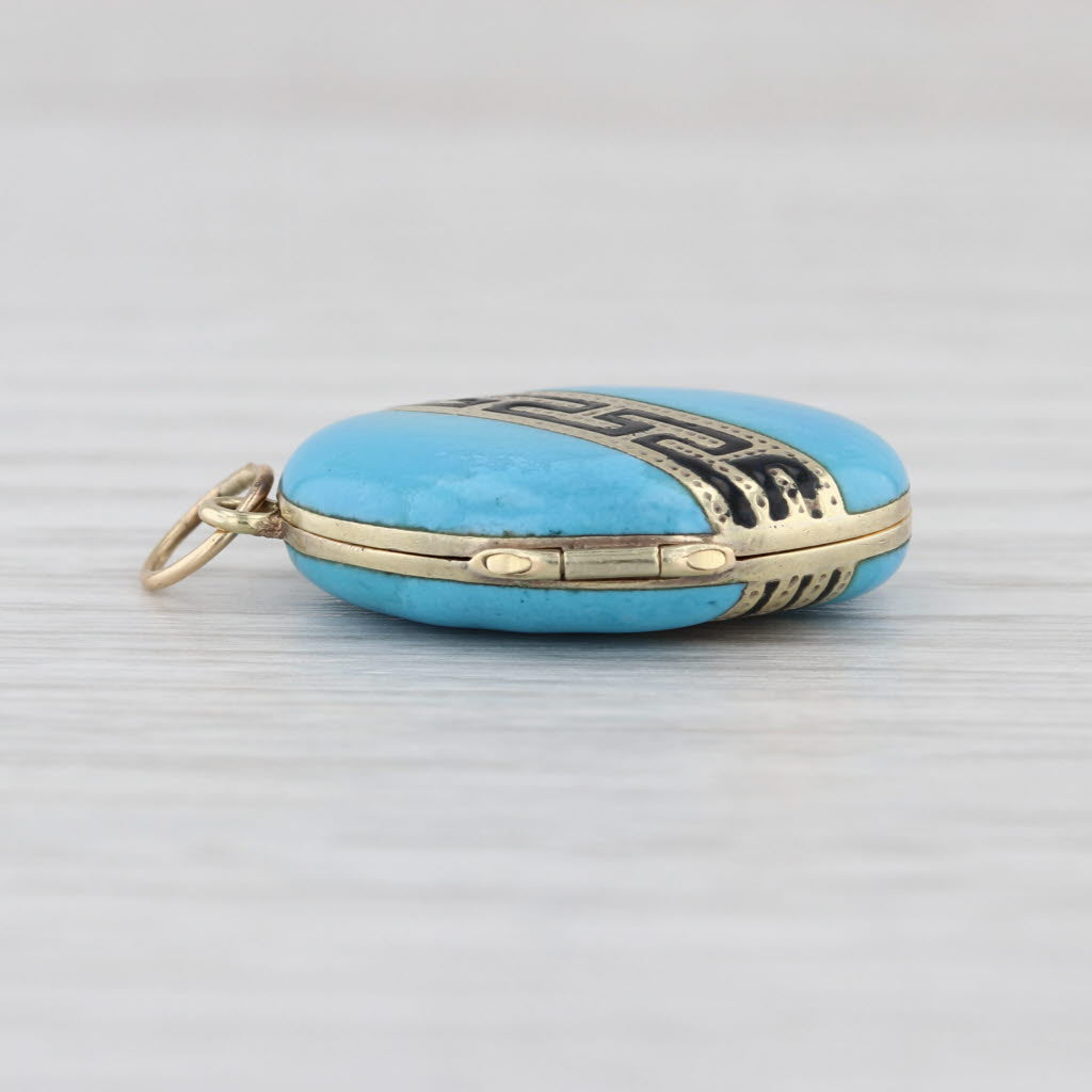 Antique Enamel Locket Pendant 9-12k Gold Charm Greek Key Picture Inside
