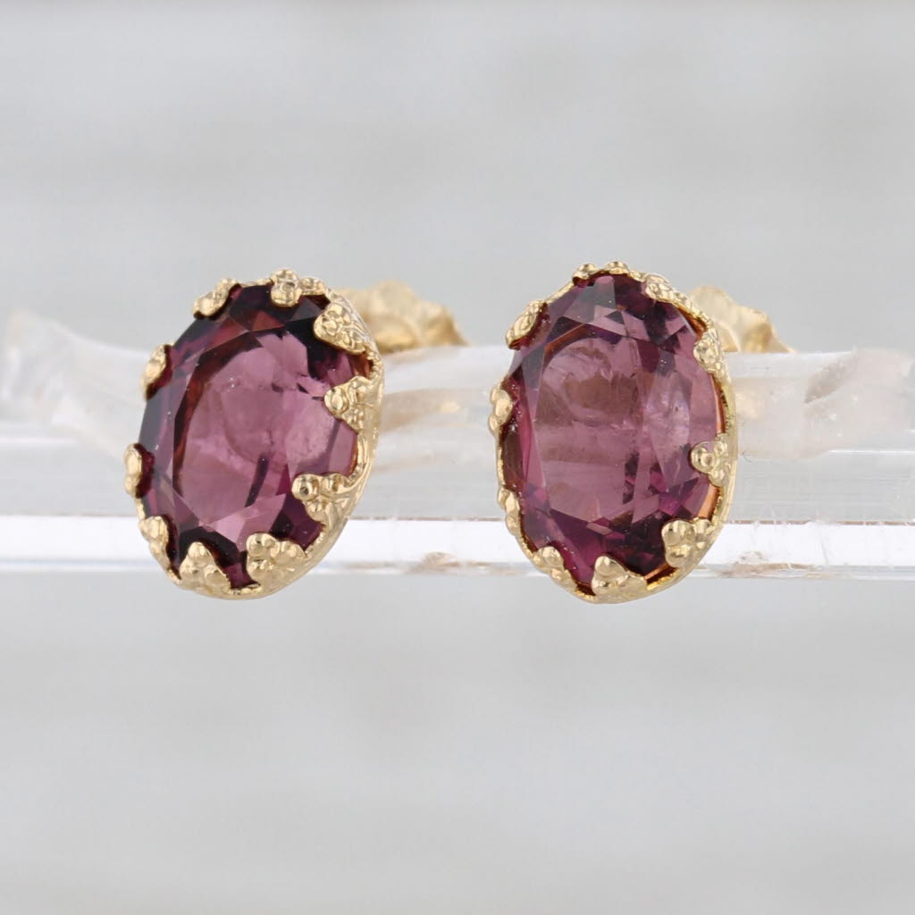 Purple Glass Stud Earrings 10k Yellow Gold Imitation Amethyst Studs