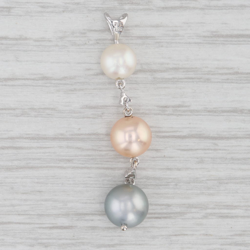 Light Gray Tri-Color Cultured Pearl Diamond Dangle Pendant 18k White Gold
