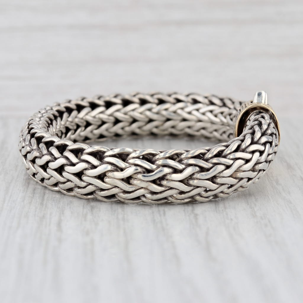 John Hardy Classic Wheat Chain Bracelet Sterling Silver 18k Gold 6.75" 10.5mm