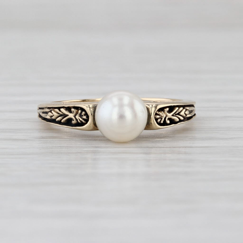 Cultured Pearl Solitaire Floral Engraved Ring Yellow Gold Size 5.5