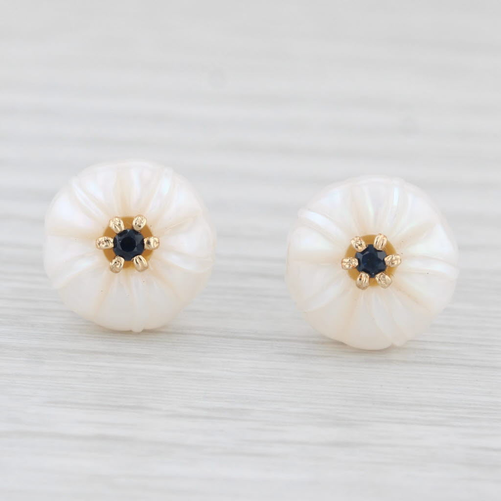 Light Gray New Cultured Pearl Morning Glory Flower Sapphire Stud Earrings 14k Gold Galatea