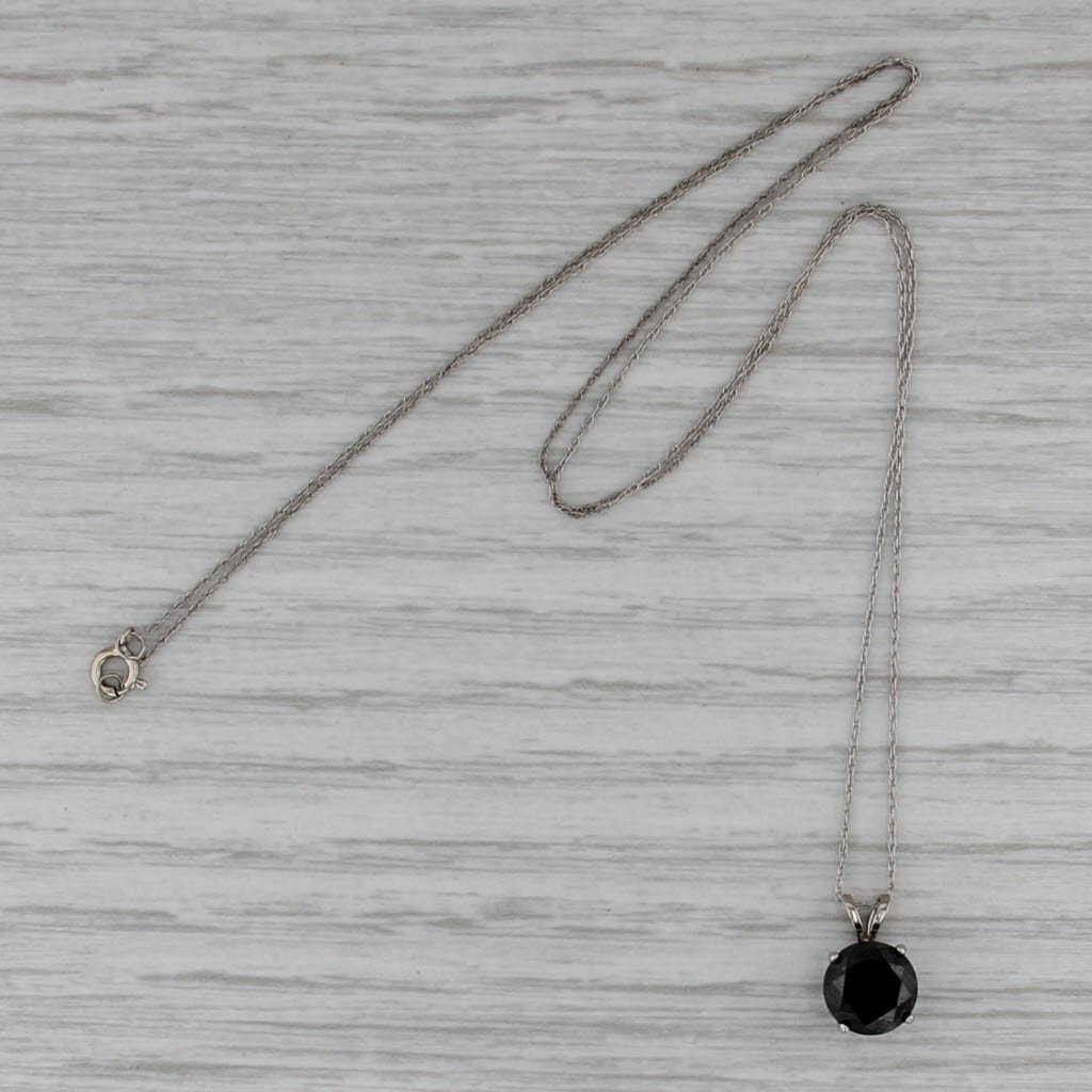 1.80ct Black Diamond Solitaire Pendant Necklace 14k White Gold 18" Rope Chain