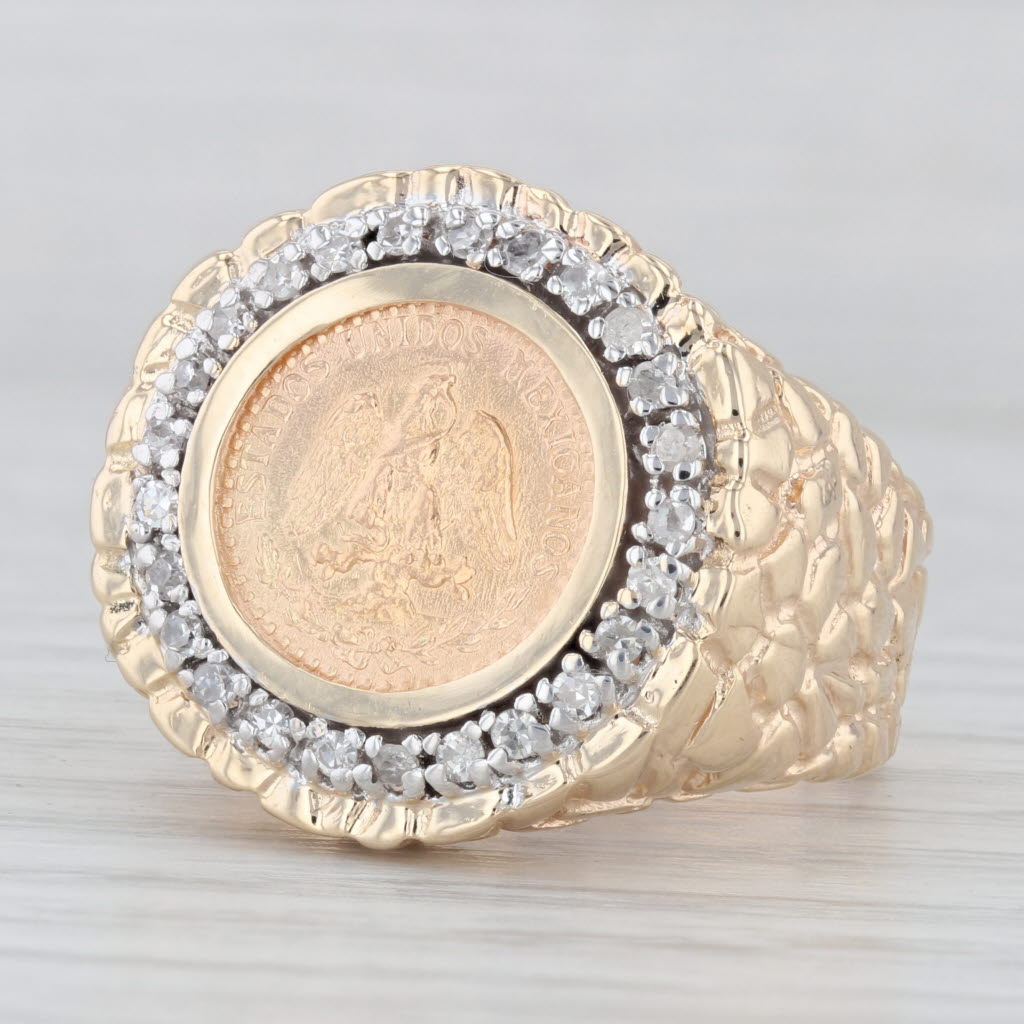 Light Gray 0.25ctw Diamond Bezel 1945 Dos Pesos Coin Ring 900 14k Gold Hammered