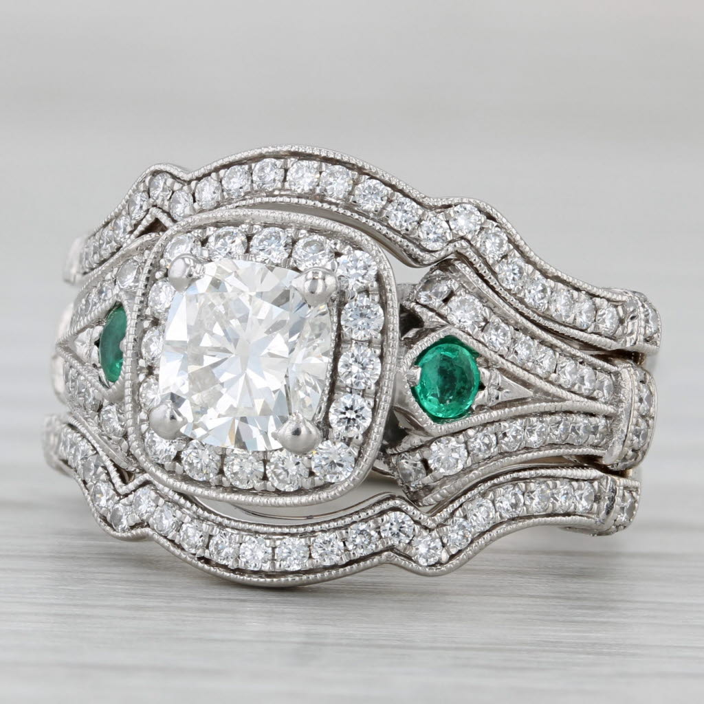 Gray Gabriel Co 1.73ctw Cushion Diamond Emerald Bridal Ring Set 14k Gold Size 5.5 EGL