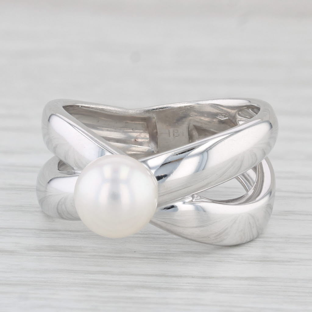 Light Gray Akoya Cultured Pearl Solitaire Ring 18k White Gold Size 8 Double Band