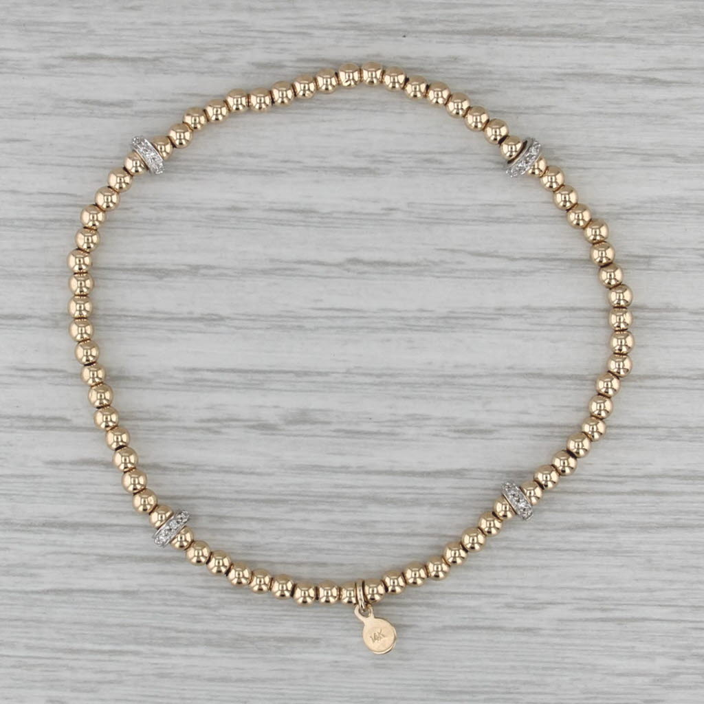 Stretchy Bead Diamond Station Bracelet 14k Yellow Gold 7.5" Adjustable