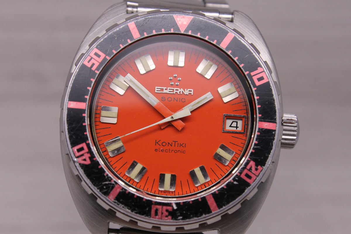 Vintage Eterna Sonic Kontiki Orange 41mm Steel Divers Watch Tuning Fork