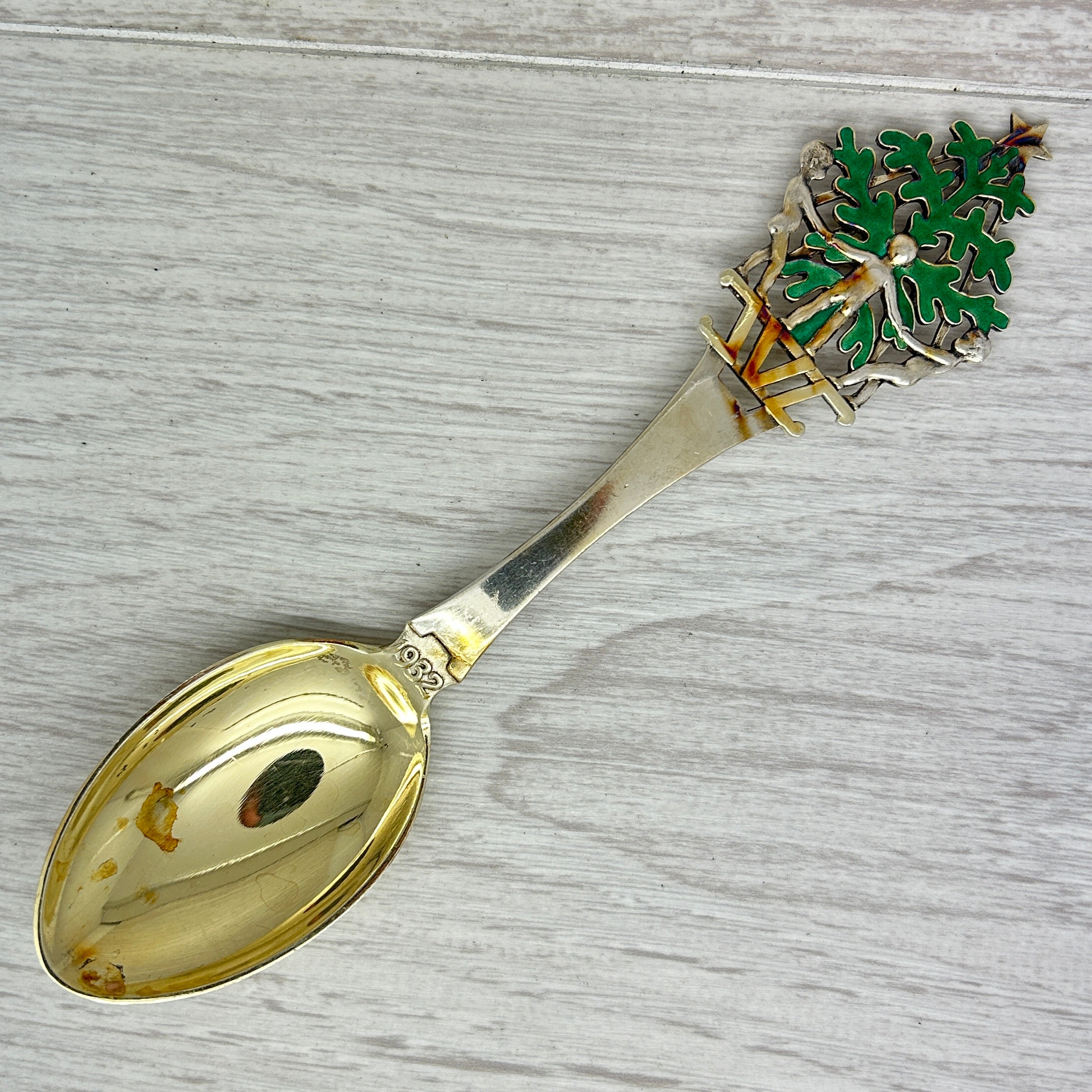 Gray Vintage 1932 Anton Michelsen Sterling Silver Enamel Christmas Spoon Denmark