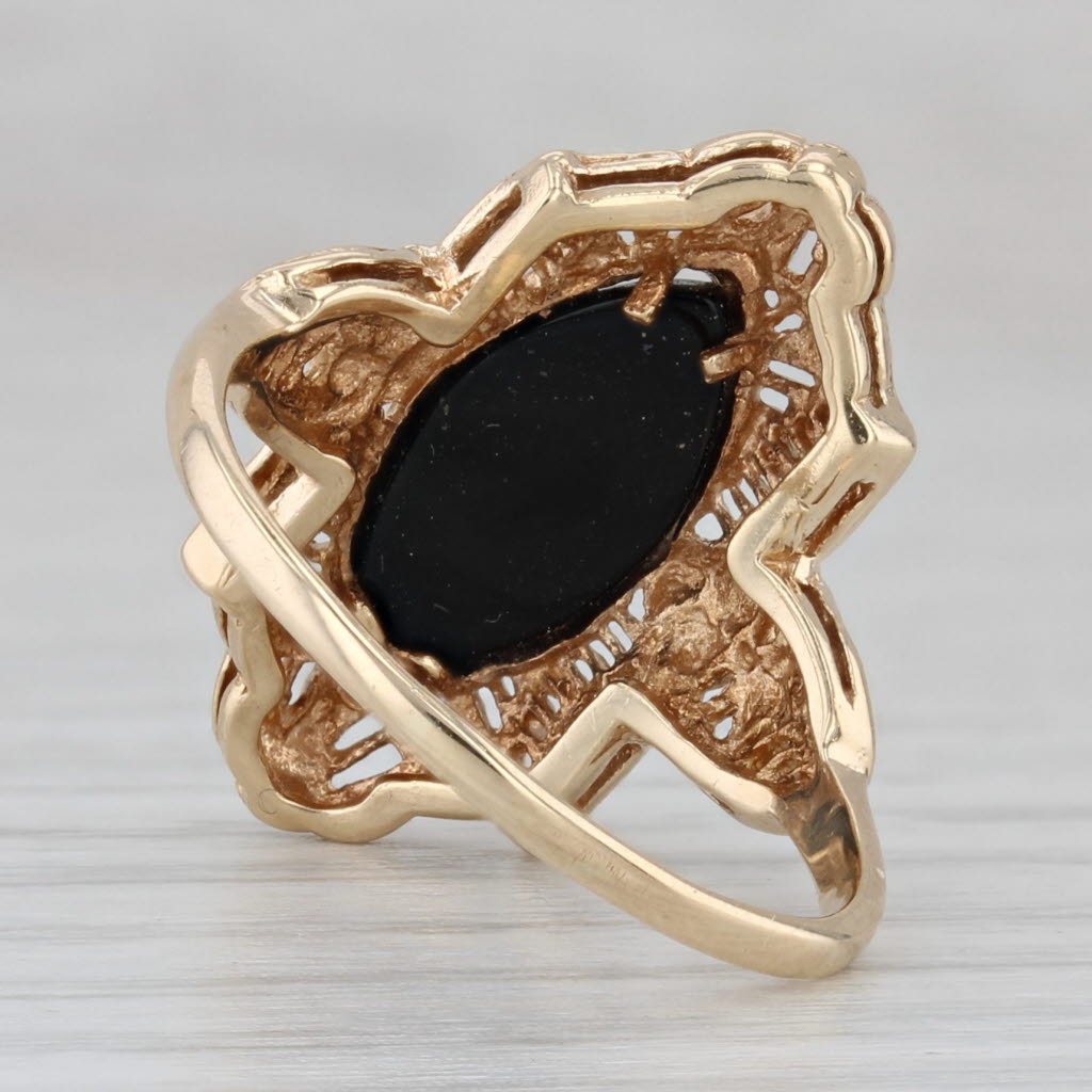 Gray Onyx Navette Cabochon Filigree Ring 10k Yellow Gold Size 7.25