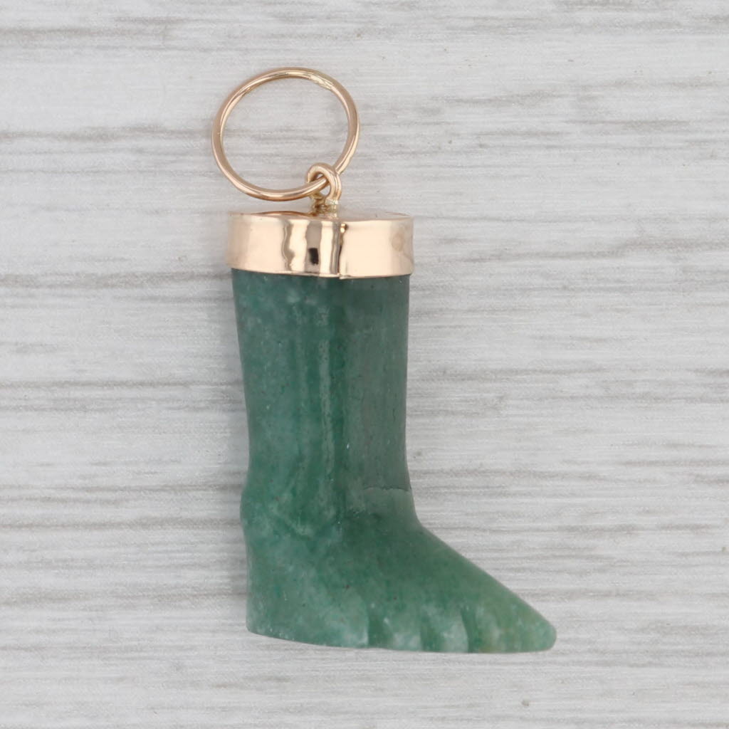 Carved Green Aventurine Quartzite Foot Pendant 18k Yellow Gold Charm
