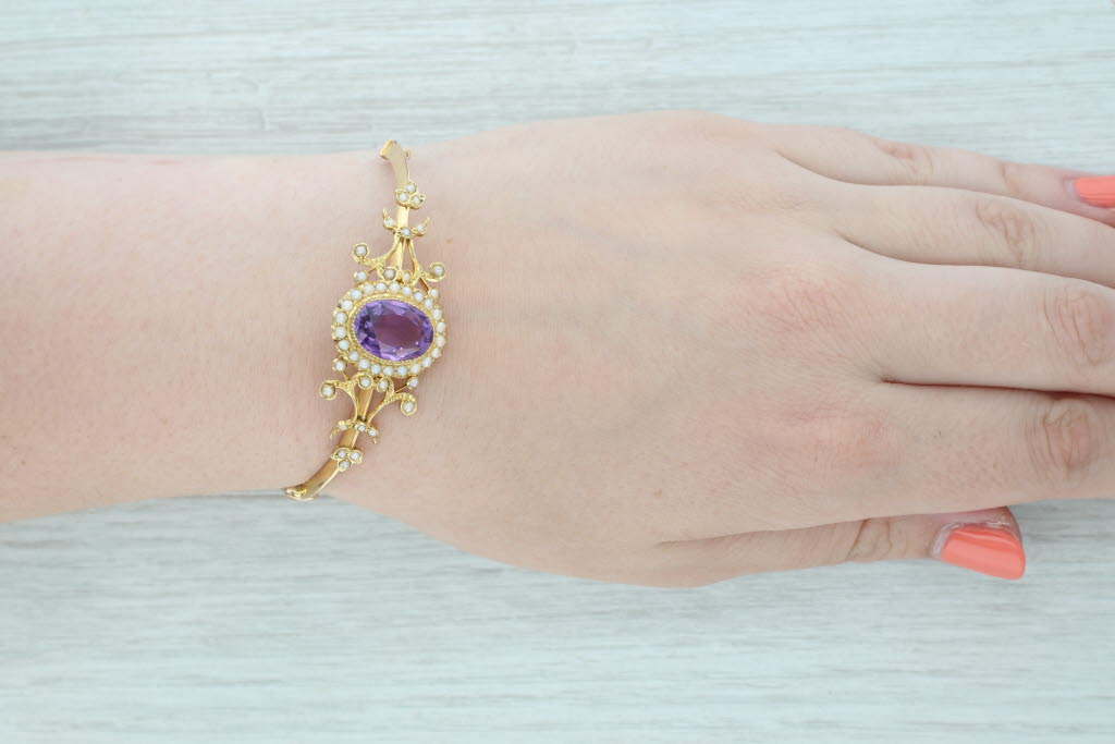 Gray Ornate Antique 5.50ct Amethyst Pearl Halo Bangle Bracelet 14k Yellow Gold 6.25"