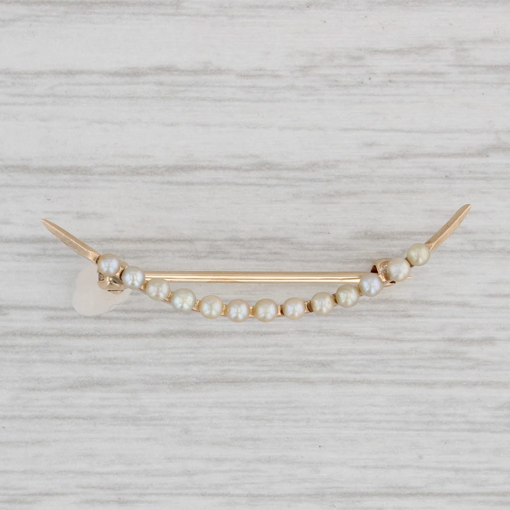 Light Gray Crescent Seed Pearls Pin 10k Yellow Gold Vintage Brooch