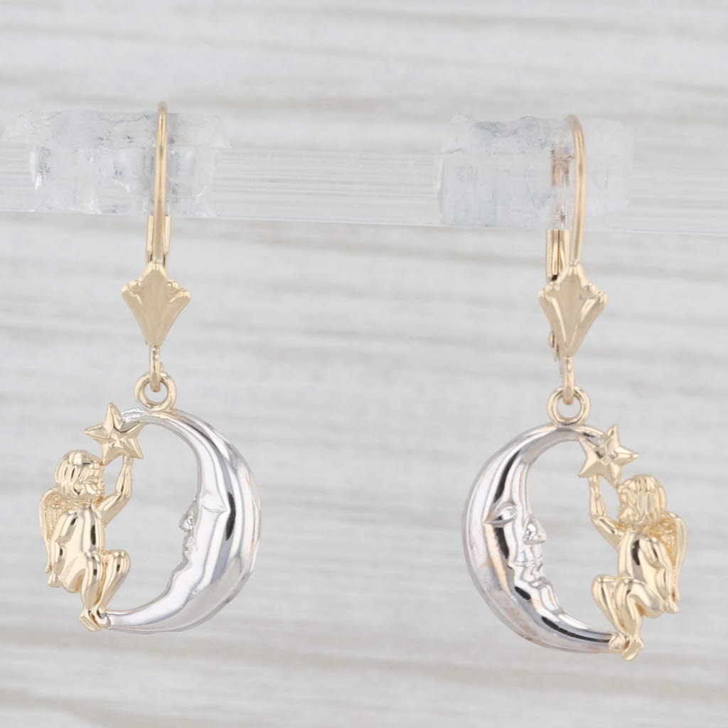 Light Gray Cherub Moon Star Dangle Earrings 14k Yellow White Gold Guardian Angel Drops